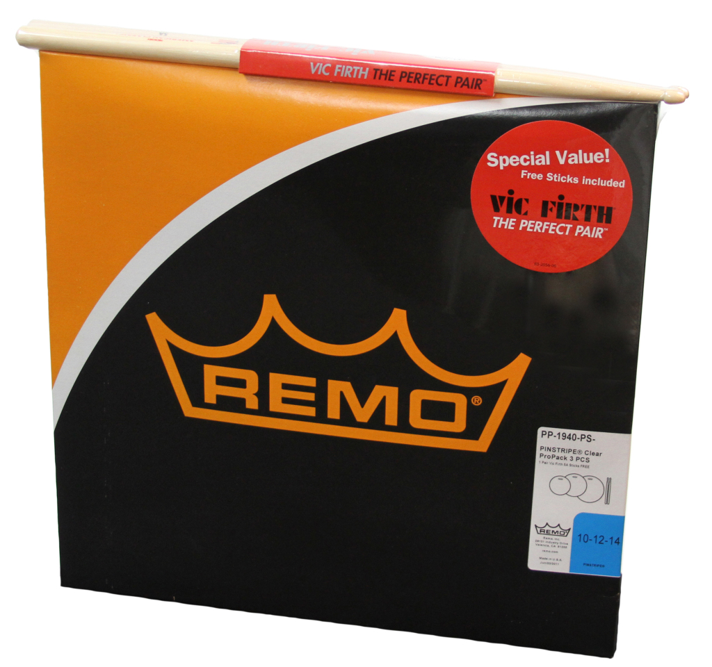 Remo Remo Clear Pinstripe Tom Package with Vic Firth Sticks (10, 12, and 14 Inch)